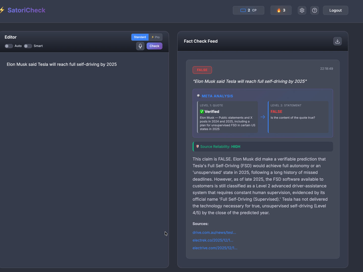 SatoriCheck app preview with meta analysis - Real-time AI Fact Checking with deep research features